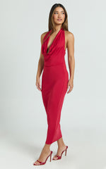 Hawkins Midi Dress - Low Cowl Halter Neck Bodycon Dress in Red