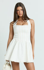 Hayes Mini Dress - Halter Neck Corset Bodice Dress in Cream Contrast Stitch