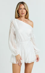 Hayes Mini Dress - Off Shoulder Bellow Top Flip Skirt Dress in White