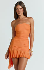 Haylee Mini Dress - Mesh Strapless Drop Waist Dress in Orange