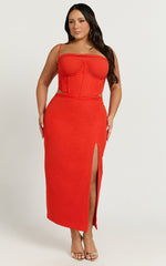 Hayley Midi Dress - Draped Bust Lace Up Back Dress in Red Orange
