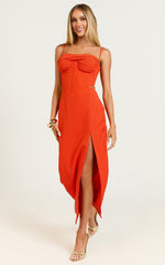 Hayley Midi Dress - Draped Bust Lace Up Back Dress in Red Orange