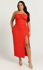 Hayley Midi Dress - Draped Bust Lace Up Back Dress in Red Orange