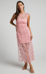 Hazel Midi Dress - 3D Flower Net Bodycon Dress in Pink