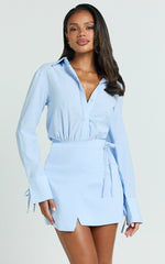 Heath Mini Dress - Pinstripe Collared Button Up Shirt Dress in Blue
