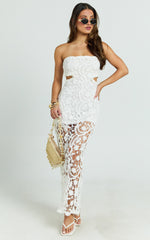 Heather Maxi Dress - Square Neck Strappy Fitted Crochet Column Dress in White