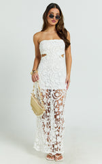 Heather Maxi Dress - Square Neck Strappy Fitted Crochet Column Dress in White