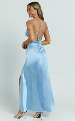 Heidi Maxi Dress - Satin Ruched Bust Tie Back Dress in Blue