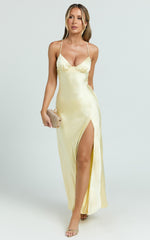 Heidi Maxi Dress - Satin Ruched Bust Tie Back Dress in Lemon