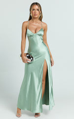 Heidi Maxi Dress - Satin Ruched Bust Tie Back Dress in Sage