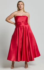 Helaina Midi Dress - Line Satin Dress in Red