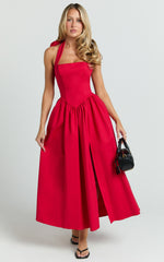 Helda Midi Dress - Halter Tie Neck Corset Panel Dress in Red