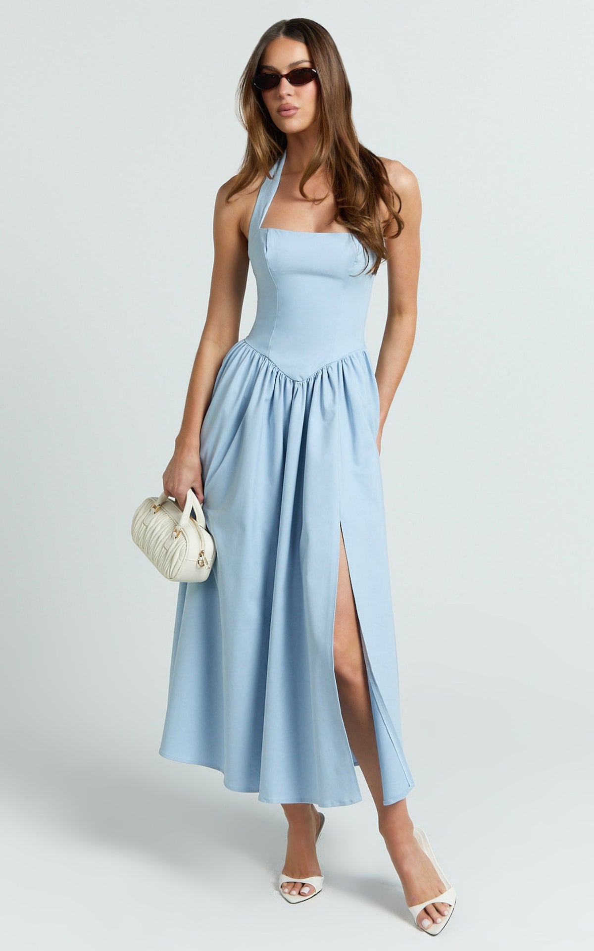 Helda Midi Dress - Halter Tie Neck Corset Panel Dress in Soft Blue