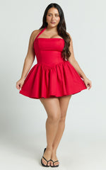 Helda Mini Dress - Halter Tie Neck Corset Panel Dress in Red