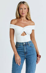 Helen Bodysuit - Twist Off Shoulder Cut Out Bodysuit in White