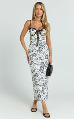 Helen Midi Dress - Strappy Balconette Tie Front Column Dress in Renaissance Floral Print