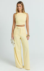 Helen Two Piece Set - Crepe Twisted Top And Wide Leg Pants in Pastel Yellow
