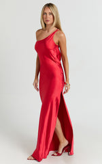 Helga Maxi Dress - Satin One Shoulder Cowl Back Bias Cut Dress in Red