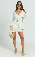 Henrietta Top - Long Sleeve Button Front V Neck Knit Top in Off White