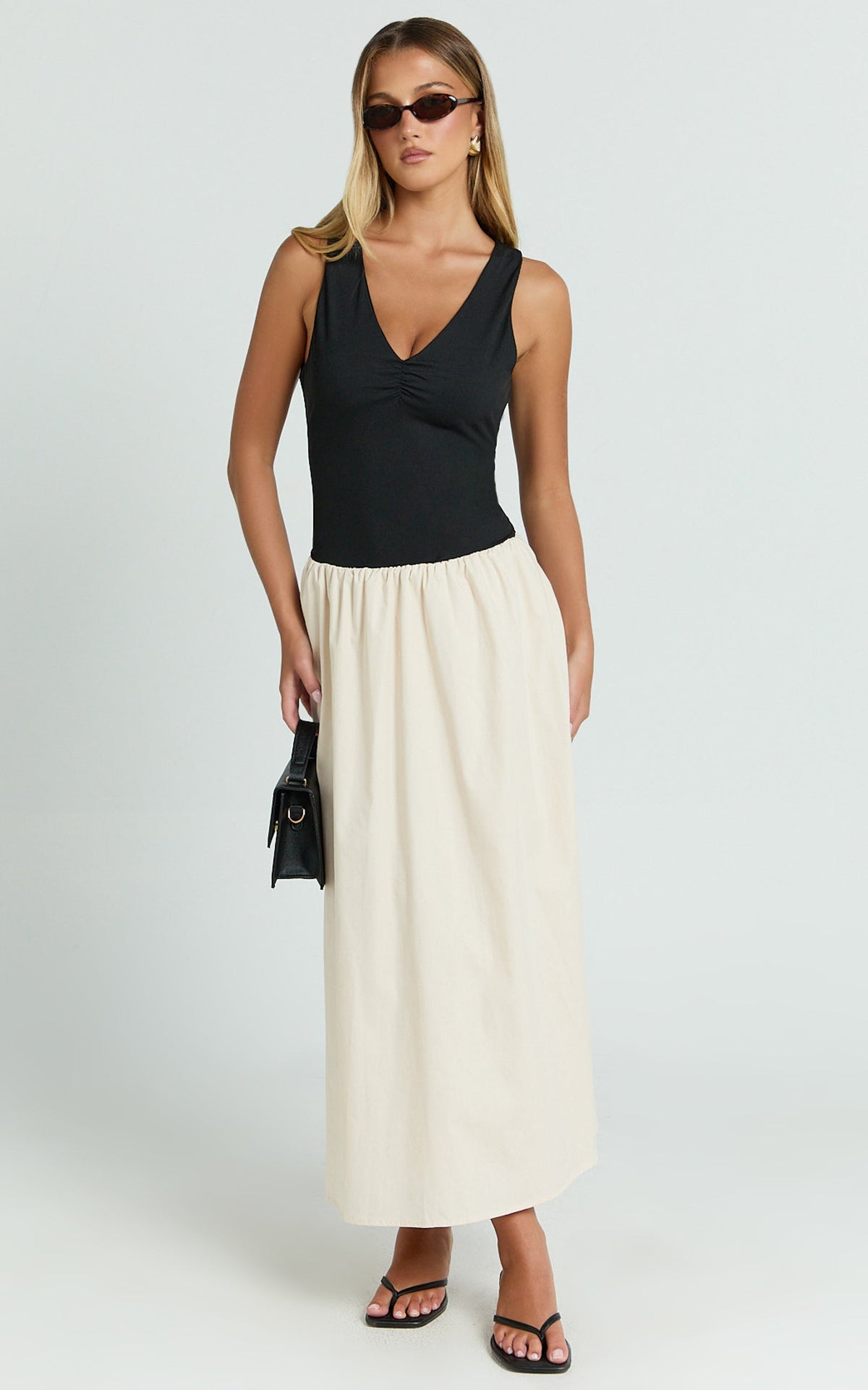 Hermi Midi Dress - Ribbed Bodice V Neck Dress in Cream