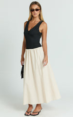 Hermi Midi Dress - Ribbed Bodice V Neck Dress in Cream