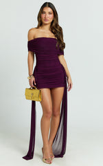 Hermie Mini Dress - Off Shoulder Ruched Mesh Draped Dress in Wine