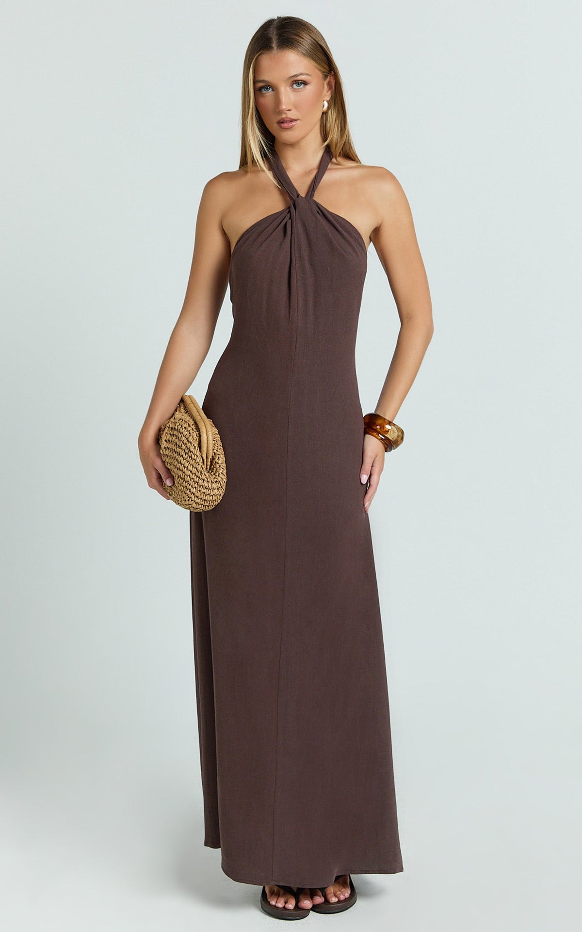 Hilda Maxi Dress - Knot Detail Halter Neck Maxi Dress in Chocolate