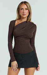 Hillary Top - Asymmetric Ruched Side Jersey Top in Chocolate Brown