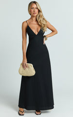 Hinata Maxi Dress - Linen Blend Slip Dress in Black