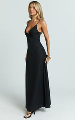 Hinata Maxi Dress - Linen Blend Slip Dress in Black