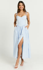 Holly Midi Dress - Corset Lace Up Dress with Split in Soft Blue