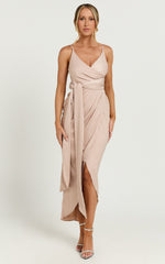 How Will I Know Midi Dress - Wrap Waist Tie Tulip Hem Dress in Champagne
