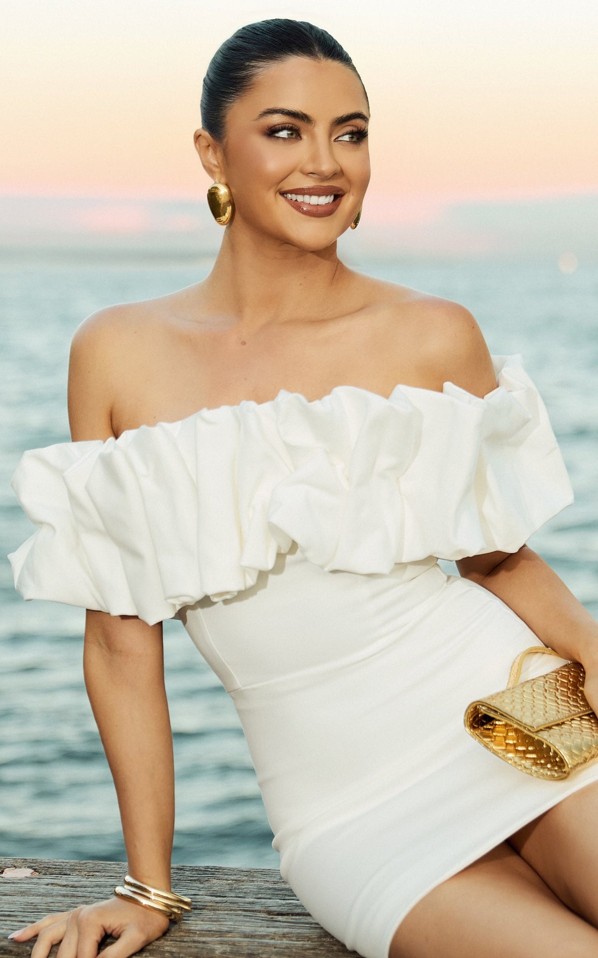 Coraline Mini Dress - Ruffle Off Shoulder Fitted Dress in White