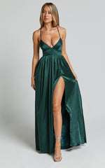 I Want The World To Know Maxi Dress - Thigh Split Tie Back Dress in Emerald