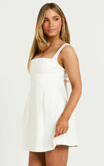 Ida Mini Dress - Wide Strap Straight Neck  Bow Back Dress in White