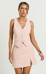 Iggy Mini Skirt - High Waist Split Boucle Skirt in Pink