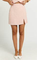 Iggy Mini Skirt - High Waist Split Boucle Skirt in Pink