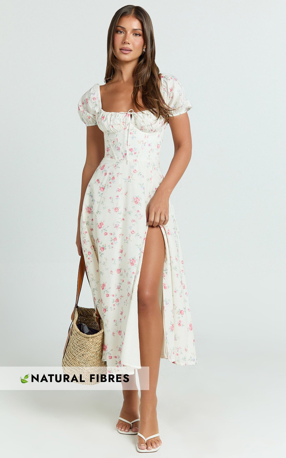 Imani Midi Dress - Puff Sleeve Square Neck Circle Skirt Dress in Cream