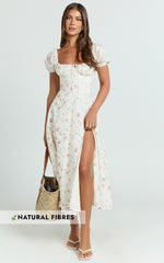 Imani Midi Dress - Puff Sleeve Square Neck Circle Skirt Dress in Cream