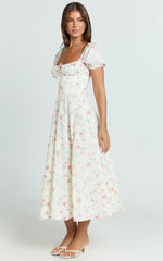 Imani Midi Dress - Puff Sleeve Square Neck Circle Skirt Dress in Cream