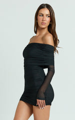 Imelda Mini Dress - Tipped Off Shoulder Long Sleeve Ruched Fitted Skirt Dress in Black