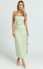 Indiana Midi Dress - Jacquard Square Neck Lace Back Fitted Dress in Green