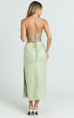 Indiana Midi Dress - Jacquard Square Neck Lace Back Fitted Dress in Green