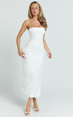 Indiana Midi Dress - Jacquard Square Neck Lace Back Fitted Dress in White