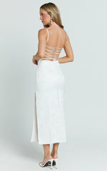 Indiana Midi Dress - Jacquard Square Neck Lace Back Fitted Dress in White