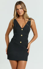Indigo Mini Dress - Wide Strap Deep V Hardware Detail Button Front Dress in Black