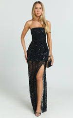 Ines Maxi Dress - Strapless Sequin Fit And Flare Dress in Black