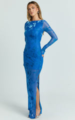 Inez Maxi Dress - Boat Neck Long Sleeve Ruched Dress in Blue