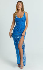 Inez Maxi Dress - Scoop Neck Gathered Front Split Dress in Blue