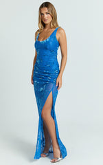 Inez Maxi Dress - Scoop Neck Gathered Front Split Dress in Blue